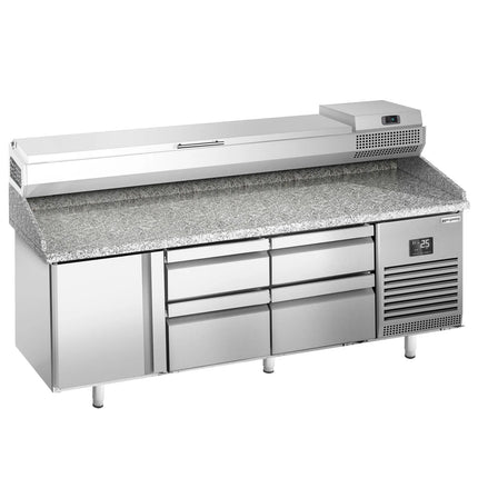 GGM Gastro Commercial Pizza Prep Counter - Granite Top PREMIUM PLUS - 1980x700mm - with 1 doors & 4 drawers - incl. refrigerated topping unit - 9x GN 1/4