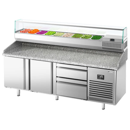 GGM Gastro Commercial Pizza Prep Counter - Granite Top PREMIUM PLUS - 1980x700mm - with 2 doors & 2 drawers - incl. refrigerated topping unit with glass sneeze guard - 9x GN 1/4