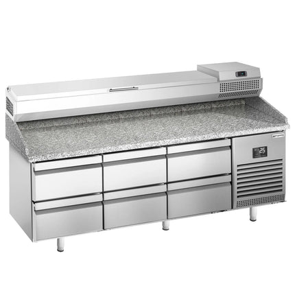 GGM Gastro Commercial Pizza Prep Counter - Granite Top PREMIUM PLUS - 1980x700mm - with 0 doors & 6 dough drawers - incl. refrigerated topping unit - 9x GN 1/4