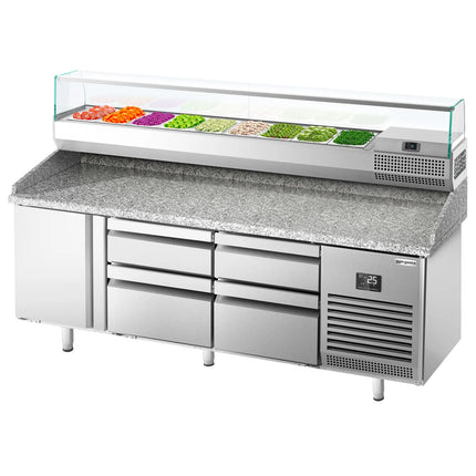 GGM Gastro Commercial Pizza Prep Counter - Granite Top PREMIUM PLUS - 1980x700mm - with 1 doors & 4 drawers - incl. refrigerated topping unit with glass sneeze guard - 9x GN 1/4