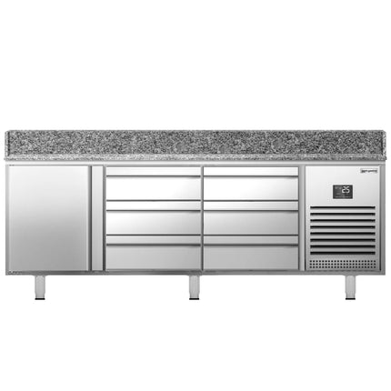 GGM Gastro Commercial Pizza Prep Counter - Granite Top PREMIUM PLUS - 1980x700mm - with 1 doors & 6 drawers - incl. refrigerated topping unit - 11x GN 1/4