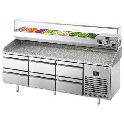 GGM Gastro Commercial Pizza Prep Counter - Granite Top PREMIUM PLUS - 1980x700mm - with 0 doors & 6 dough drawers - incl. refrigerated topping unit with glass sneeze guard - 9x GN 1/4