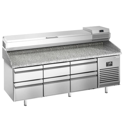 GGM Gastro Commercial Pizza Prep Counter - Granite Top PREMIUM PLUS - 1980x700mm - with 0 doors & 6 drawers - incl. refrigerated topping unit - 9x GN 1/4