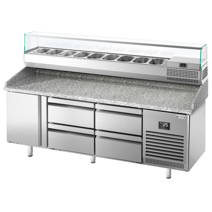GGM Gastro Commercial Pizza Prep Counter - Granite Top PREMIUM PLUS - 1980x700mm - with 1 doors & 4 drawers - incl. refrigerated topping unit with glass sneeze guard - 9x GN 1/4