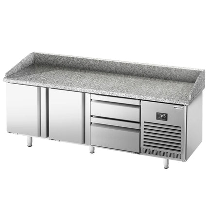 GGM Gastro Commercial Pizza Prep Counter - Granite Top PREMIUM PLUS - 1980x700mm - with 2 doors & 2 drawers