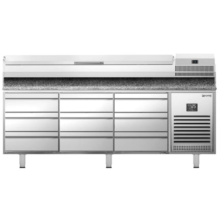 GGM Gastro Commercial Pizza Prep Counter - Granite Top PREMIUM PLUS - 1980x700mm - with 0 doors & 9 drawers - incl. refrigerated topping unit - 9x GN 1/4