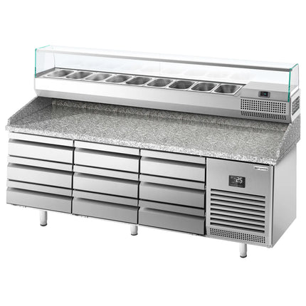 GGM Gastro Commercial Pizza Prep Counter - Granite Top PREMIUM PLUS - 1980x700mm - with 0 doors & 9 dough drawers - incl. refrigerated topping unit with glass sneeze guard - 9x GN 1/4