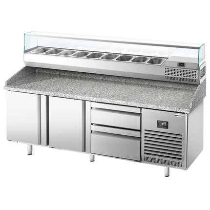 GGM Gastro Commercial Pizza Prep Counter - Granite Top PREMIUM PLUS - 1980x700mm - with 2 doors & 2 drawers - incl. refrigerated topping unit with glass sneeze guard - 9x GN 1/4