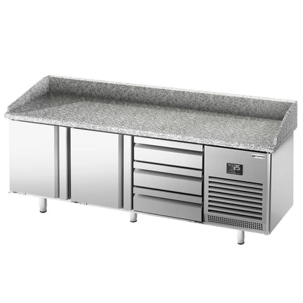 GGM Gastro Commercial Pizza Prep Counter - Granite Top PREMIUM PLUS - 1980x1139mm - with 2 doors & 3 drawers - incl. refrigerated topping unit - 10x GN 1/4