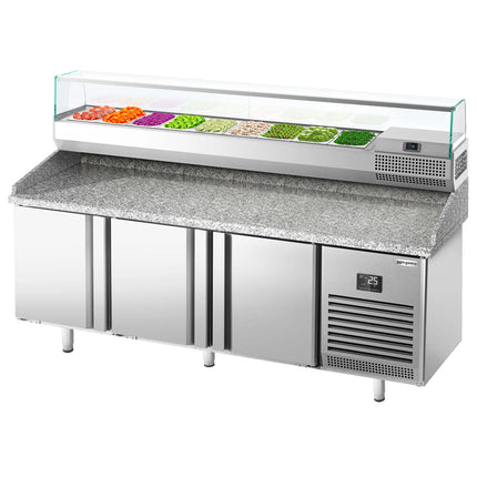 GGM Gastro Commercial Pizza Prep Counter - Granite Top PREMIUM PLUS - 1980x700mm - with 3 doors - incl. refrigerated topping unit with glass sneeze guard - 9x GN 1/4