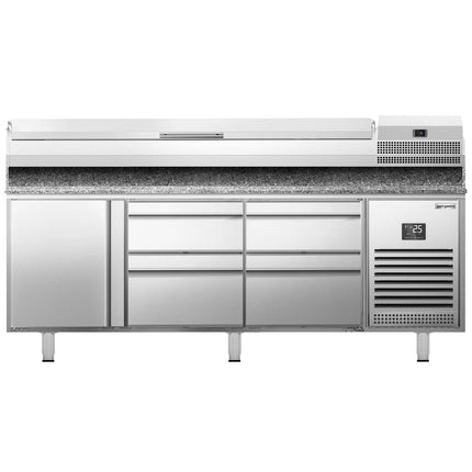 GGM Gastro Commercial Pizza Prep Counter - Granite Top PREMIUM PLUS - 1980x700mm - with 1 doors & 4 drawers - incl. refrigerated topping unit - 9x GN 1/4