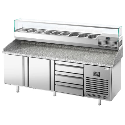 GGM Gastro Commercial Pizza Prep Counter - Granite Top PREMIUM PLUS - 1980x700mm - with 2 doors & 3 drawers - incl. refrigerated topping unit with glass sneeze guard - 9x GN 1/4