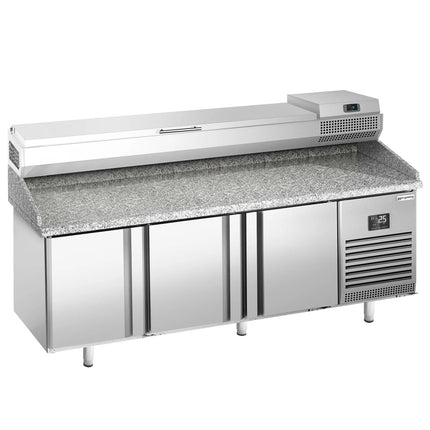 GGM Gastro Commercial Pizza Prep Counter - Granite Top PREMIUM PLUS - 1980x700mm - with 3 doors - incl. refrigerated topping unit - 9x GN 1/4