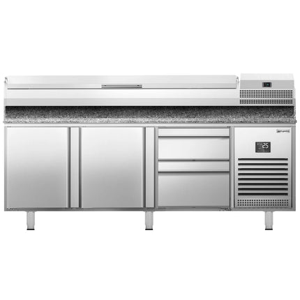 GGM Gastro Commercial Pizza Prep Counter - Granite Top PREMIUM PLUS - 1980x700mm - with 2 doors & 2 drawers - incl. refrigerated topping unit - 9x GN 1/4