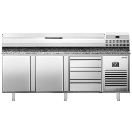 GGM Gastro Commercial Pizza Prep Counter - Granite Top PREMIUM PLUS - 1980x700mm - with 2 doors & 3 drawers - incl. refrigerated topping unit - 9x GN 1/4