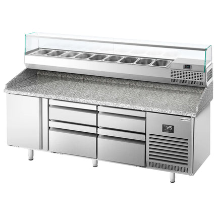 GGM Gastro Commercial Pizza Prep Counter - Granite Top PREMIUM PLUS - 1980x700mm - with 1 doors & 4 drawers - incl. refrigerated topping unit with glass sneeze guard - 9x GN 1/4