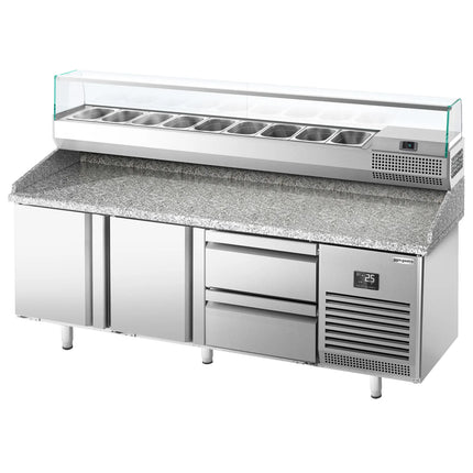 GGM Gastro Commercial Pizza Prep Counter - Granite Top PREMIUM PLUS - 1980x700mm - with 2 doors & 2 drawers - incl. refrigerated topping unit with glass sneeze guard - 9x GN 1/4