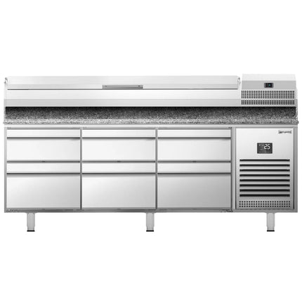 GGM Gastro Commercial Pizza Prep Counter - Granite Top PREMIUM PLUS - 1980x700mm - with 0 doors & 6 drawers - incl. refrigerated topping unit - 9x GN 1/4