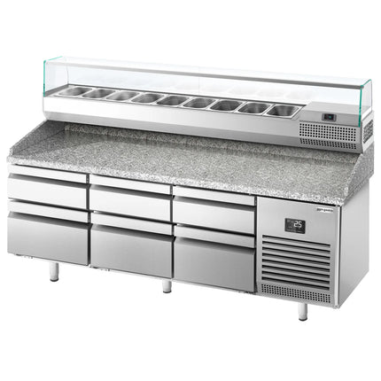 GGM Gastro Commercial Pizza Prep Counter - Granite Top PREMIUM PLUS - 1980x700mm - with 0 doors & 6 dough drawers - incl. refrigerated topping unit with glass sneeze guard - 9x GN 1/4