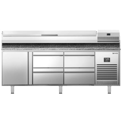 GGM Gastro Commercial Pizza Prep Counter - Granite Top PREMIUM PLUS - 1980x700mm - with 1 doors & 4 drawers - incl. refrigerated topping unit - 9x GN 1/4