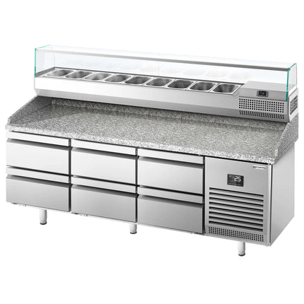 GGM Gastro Commercial Pizza Prep Counter - Granite Top PREMIUM PLUS - 1980x700mm - with 0 doors & 6 dough drawers - incl. refrigerated topping unit with glass sneeze guard - 9x GN 1/4