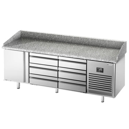 GGM Gastro Commercial Pizza Prep Counter - Granite Top PREMIUM PLUS - 1980x700mm - with 1 doors & 6 drawers - incl. refrigerated topping unit - 11x GN 1/4