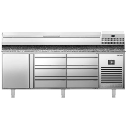 GGM Gastro Commercial Pizza Prep Counter - Granite Top PREMIUM PLUS - 1980x700mm - with 1 doors & 6 drawers - incl. refrigerated topping unit - 9x GN 1/4