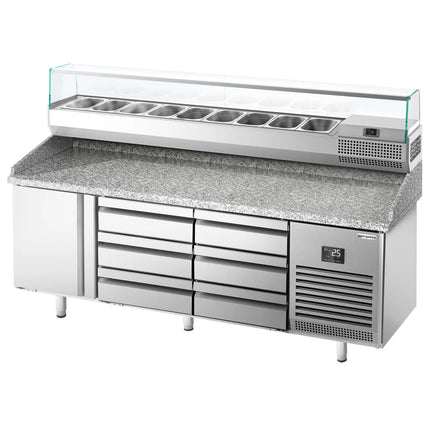 GGM Gastro Commercial Pizza Prep Counter - Granite Top PREMIUM PLUS - 1980x700mm - with 1 doors & 6 drawers - incl. refrigerated topping unit with glass sneeze guard - 9x GN 1/4
