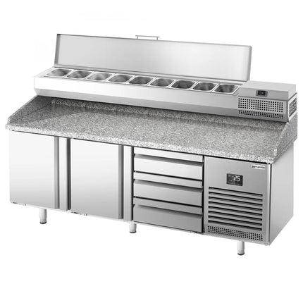 GGM Gastro Commercial Pizza Prep Counter - Granite Top PREMIUM PLUS - 1980x700mm - with 2 doors & 3 drawers - incl. refrigerated topping unit - 9x GN 1/4