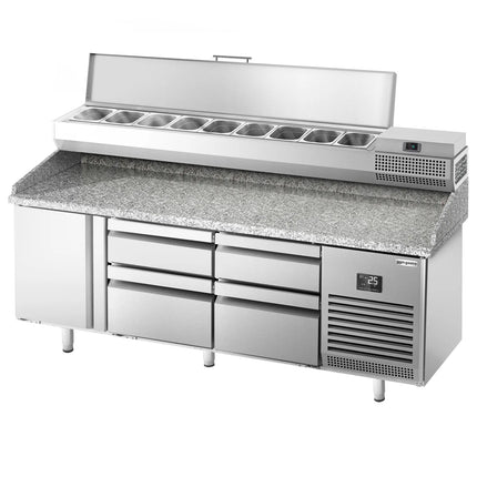 GGM Gastro Commercial Pizza Prep Counter - Granite Top PREMIUM PLUS - 1980x700mm - with 1 doors & 4 drawers - incl. refrigerated topping unit - 9x GN 1/4