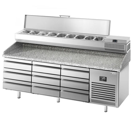 GGM Gastro Commercial Pizza Prep Counter - Granite Top PREMIUM PLUS - 1980x700mm - with 0 doors & 9 drawers - incl. refrigerated topping unit - 9x GN 1/4