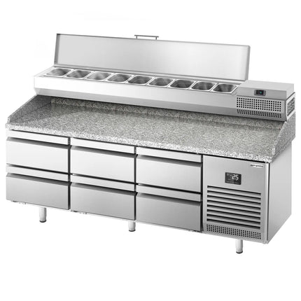 GGM Gastro Commercial Pizza Prep Counter - Granite Top PREMIUM PLUS - 1980x700mm - with 0 doors & 6 dough drawers - incl. refrigerated topping unit - 9x GN 1/4