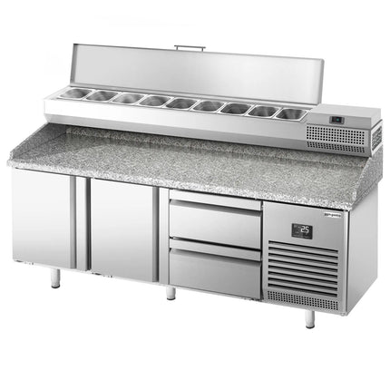 GGM Gastro Commercial Pizza Prep Counter - Granite Top PREMIUM PLUS - 1980x700mm - with 2 doors & 2 drawers - incl. refrigerated topping unit - 9x GN 1/4