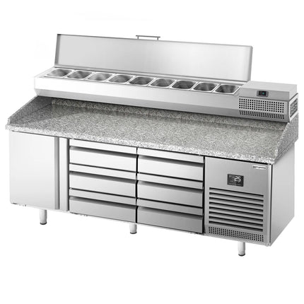 GGM Gastro Commercial Pizza Prep Counter - Granite Top PREMIUM PLUS - 1980x700mm - with 1 doors & 6 drawers - incl. refrigerated topping unit - 9x GN 1/4