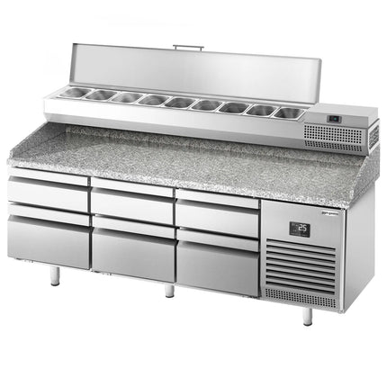 GGM Gastro Commercial Pizza Prep Counter - Granite Top PREMIUM PLUS - 1980x700mm - with 0 doors & 6 drawers - incl. refrigerated topping unit - 9x GN 1/4