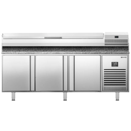 GGM Gastro Commercial Pizza Prep Counter - Granite Top PREMIUM PLUS - 1980x700mm - with 3 doors - incl. refrigerated topping unit - 9x GN 1/4