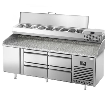 GGM Gastro Commercial Pizza Prep Counter - Granite Top PREMIUM PLUS - 1980x700mm - with 1 doors & 4 drawers - incl. refrigerated topping unit - 9x GN 1/4