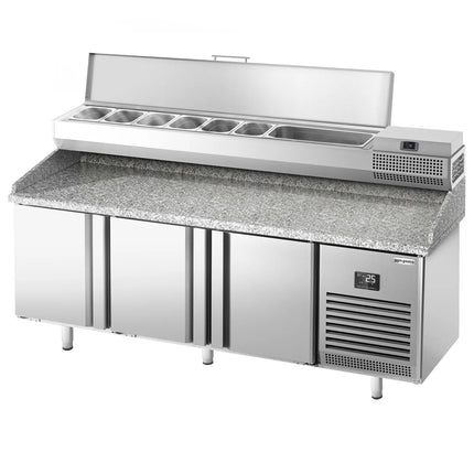 GGM Gastro Commercial Pizza Prep Counter - Granite Top PREMIUM PLUS - 1980x700mm - with 3 doors - incl. refrigerated topping unit - 9x GN 1/4