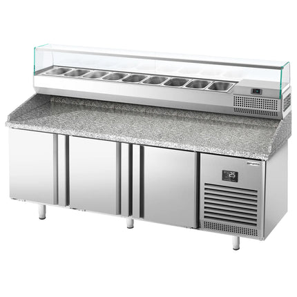 GGM Gastro Commercial Pizza Prep Counter - Granite Top PREMIUM PLUS - 1980x700mm - with 3 doors - incl. refrigerated topping unit with glass sneeze guard - 9x GN 1/4