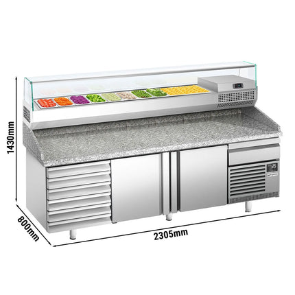 GGM Gastro Commercial Pizza Prep Counter - Granite Top PREMIUM PLUS - 2305x800mm - with 2 doors & 7 drawers - incl. refrigerated topping unit with glass sneeze guard - 10x GN 1/3