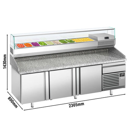 GGM Gastro Commercial Pizza Prep Counter - Granite Top PREMIUM PLUS - 2305x800mm - with 3 doors & 1 drawers - incl. refrigerated topping unit with glass sneeze guard - 10x GN 1/3