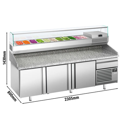 GGM Gastro Commercial Pizza Prep Counter - Granite Top PREMIUM PLUS - 2305x800mm - with 3 doors & 1 drawers - incl. refrigerated topping unit with glass sneeze guard - 11x GN 1/4