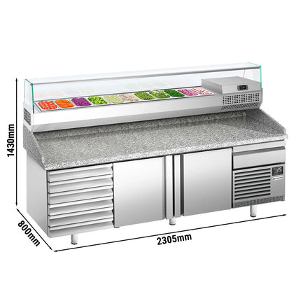 GGM Gastro Commercial Pizza Prep Counter - Granite Top PREMIUM PLUS - 2305x800mm - with 2 doors & 7 drawers - incl. refrigerated topping unit with glass sneeze guard - 11x GN 1/4