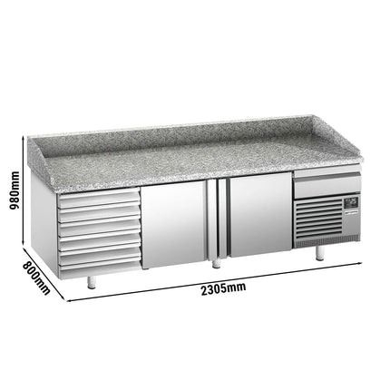 GGM Gastro Commercial Pizza Prep Counter - Granite Top PREMIUM PLUS - 2305x800mm - with 2 doors & 7 drawers