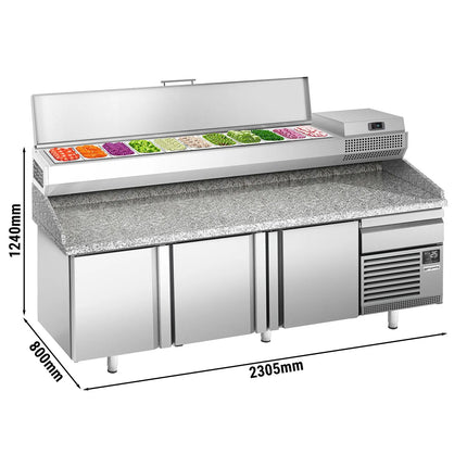 GGM Gastro Commercial Pizza Prep Counter - Granite Top PREMIUM PLUS - 2305x800mm - with 3 doors - incl. refrigerated topping unit - 11x GN 1/4