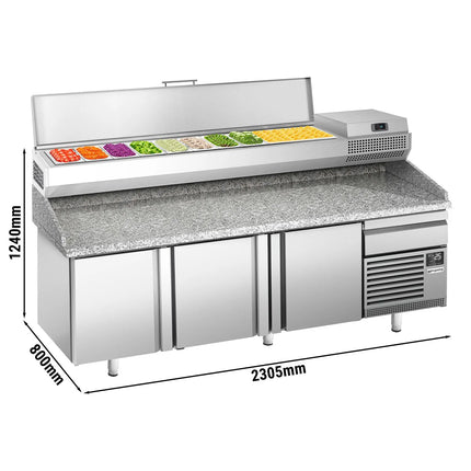 GGM Gastro Commercial Pizza Prep Counter - Granite Top PREMIUM PLUS - 2305x800mm - with 3 doors & 1 drawers - incl. refrigerated topping unit - 10x GN 1/3