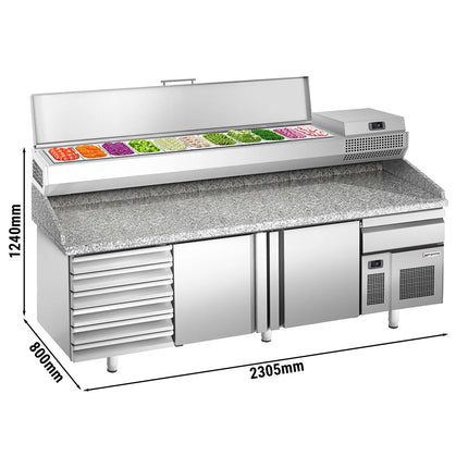 GGM Gastro Commercial Pizza Prep Counter - Granite Top PREMIUM PLUS - 2305x800mm - with 2 doors & 7 drawers - incl. refrigerated topping unit - 11x GN 1/4