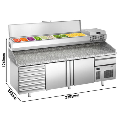 GGM Gastro Commercial Pizza Prep Counter - Granite Top PREMIUM PLUS - 2305x800mm - with 2 doors & 7 drawers - incl. refrigerated topping unit - 10x GN 1/3