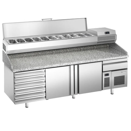 GGM Gastro Commercial Pizza Prep Counter - Granite Top PREMIUM PLUS - 2305x800mm - with 2 doors & 7 drawers - incl. refrigerated topping unit - 11x GN 1/4