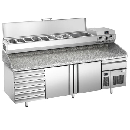 GGM Gastro Commercial Pizza Prep Counter - Granite Top PREMIUM PLUS - 2305x800mm - with 2 doors & 7 drawers - incl. refrigerated topping unit - 10x GN 1/3